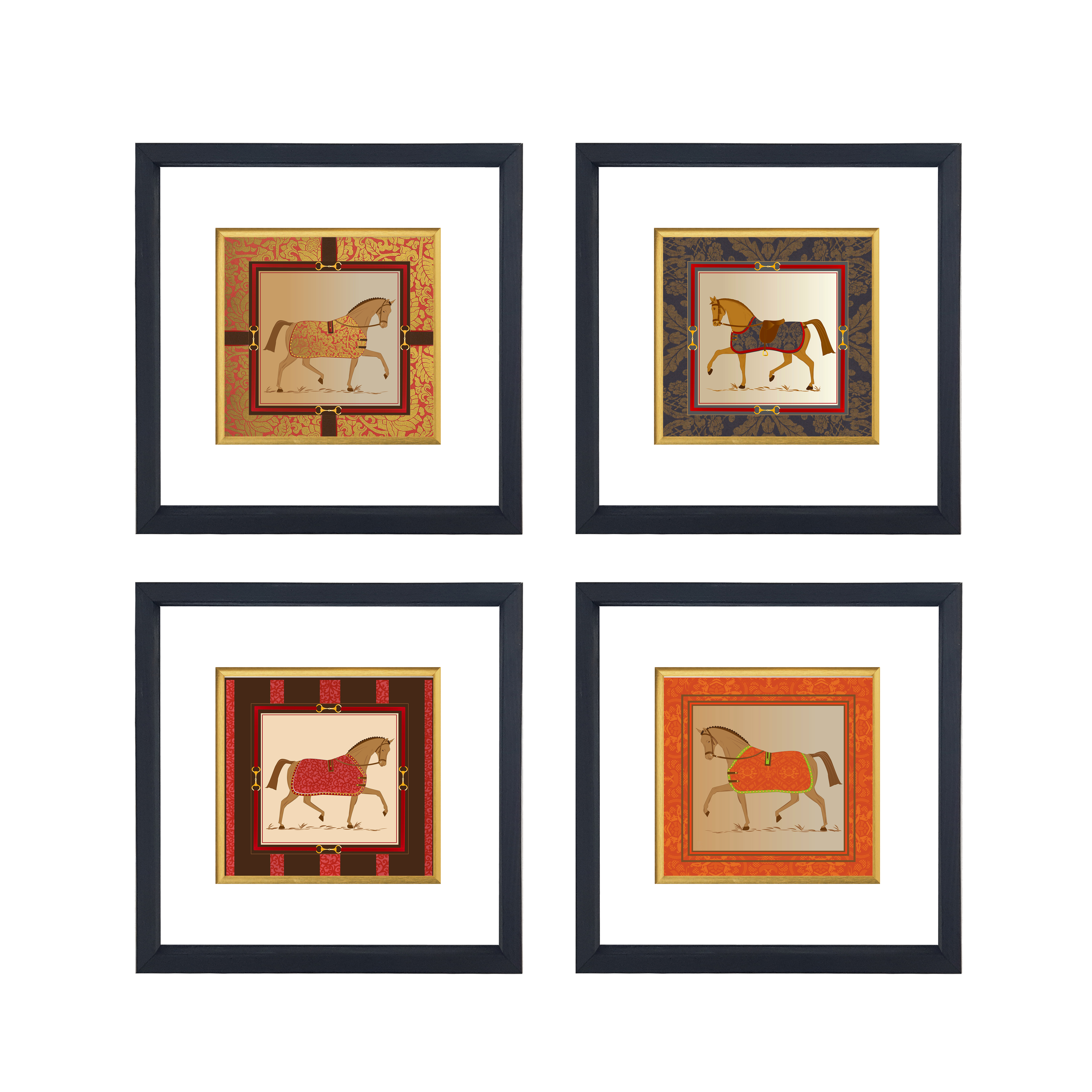 4 Piece Black-Gold Framed Glass Painting