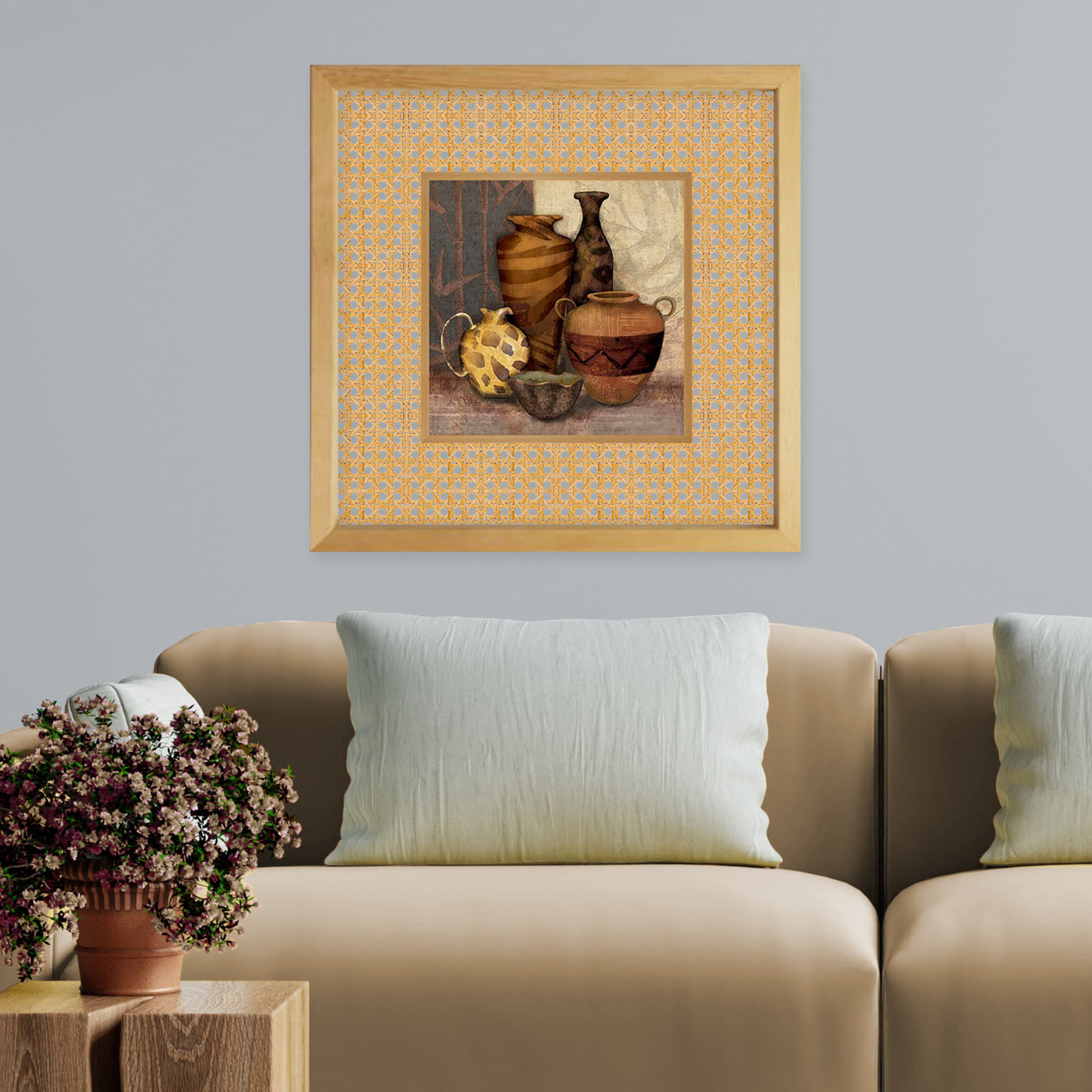 Wooden Natural Framed Glass Wicker Painting