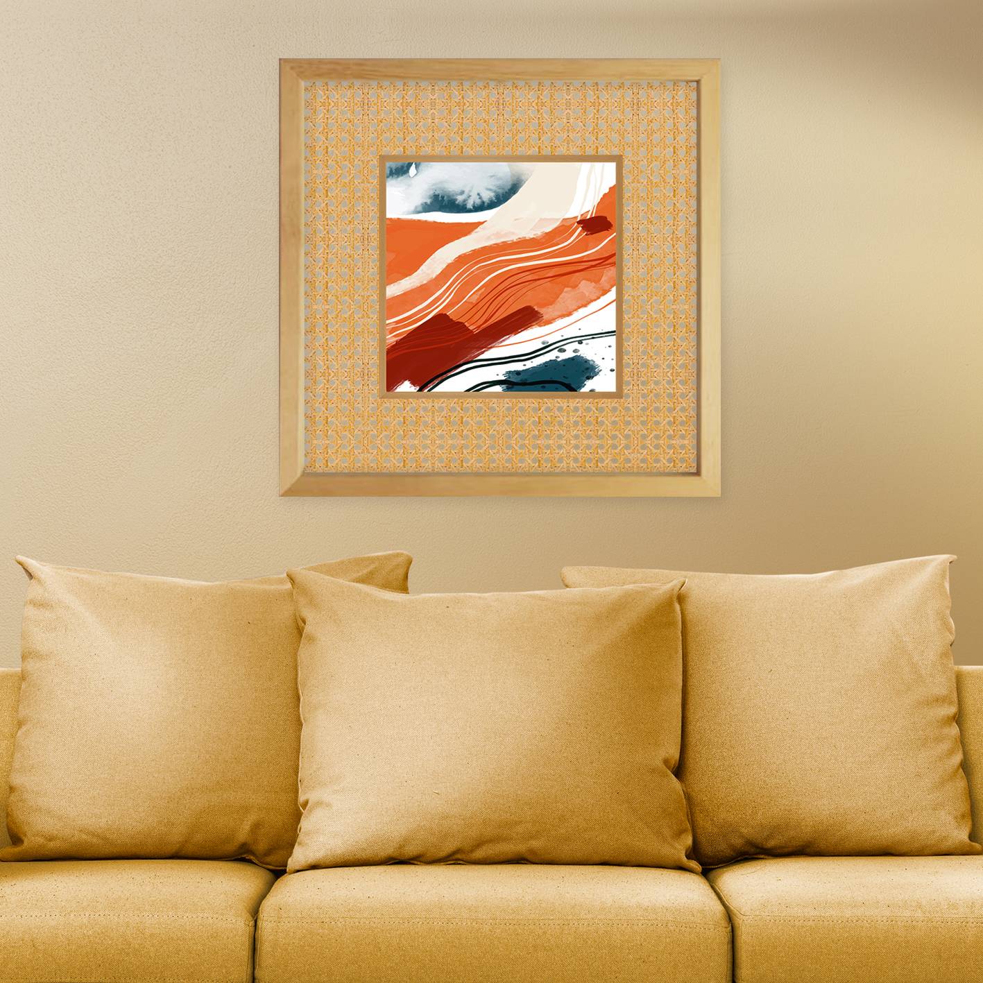 Wooden Natural Framed Glass Wicker Painting