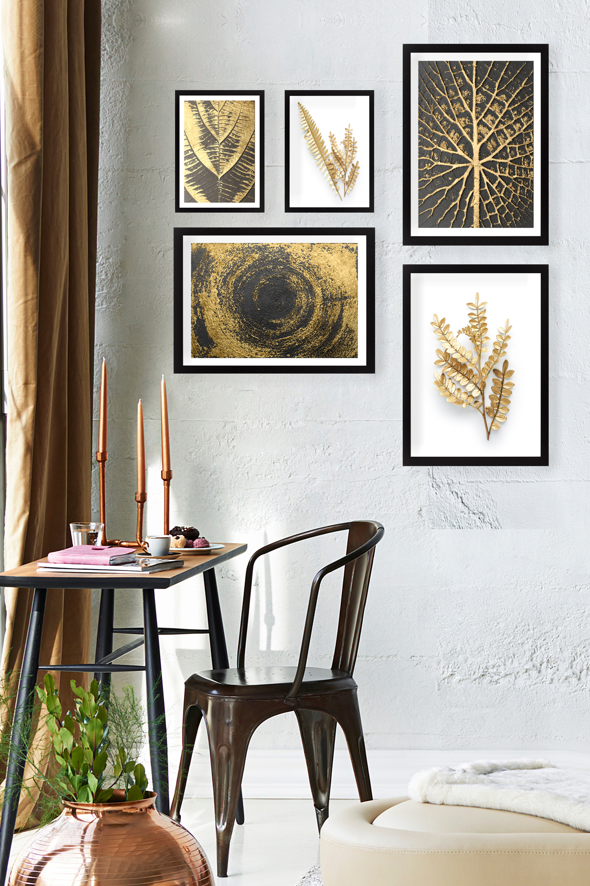 Set of 5 paintings Nature Gold