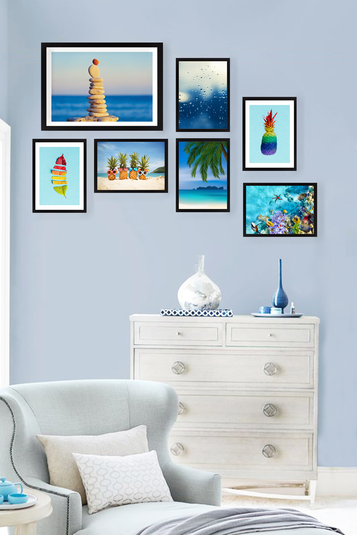Set of 7 paintings Colored Beach