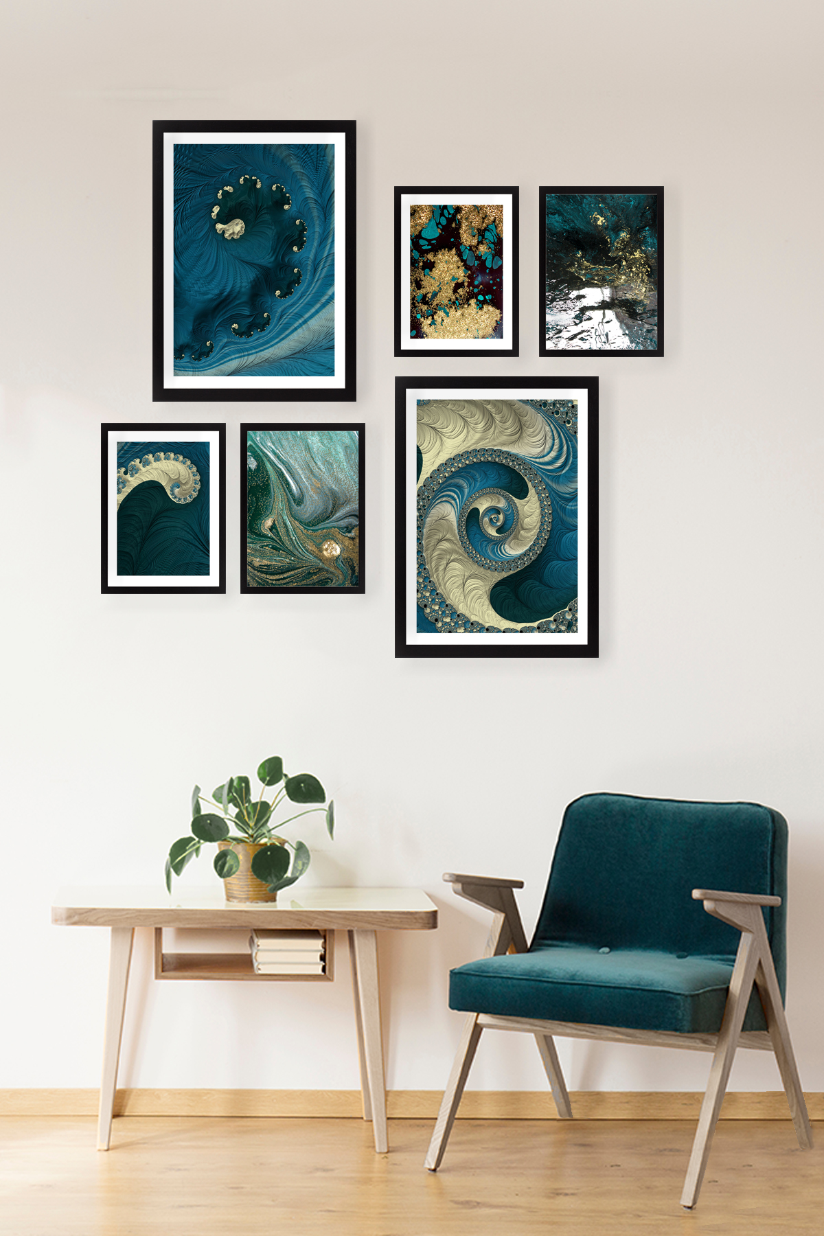 Set of 6 paintings Blue Spirals