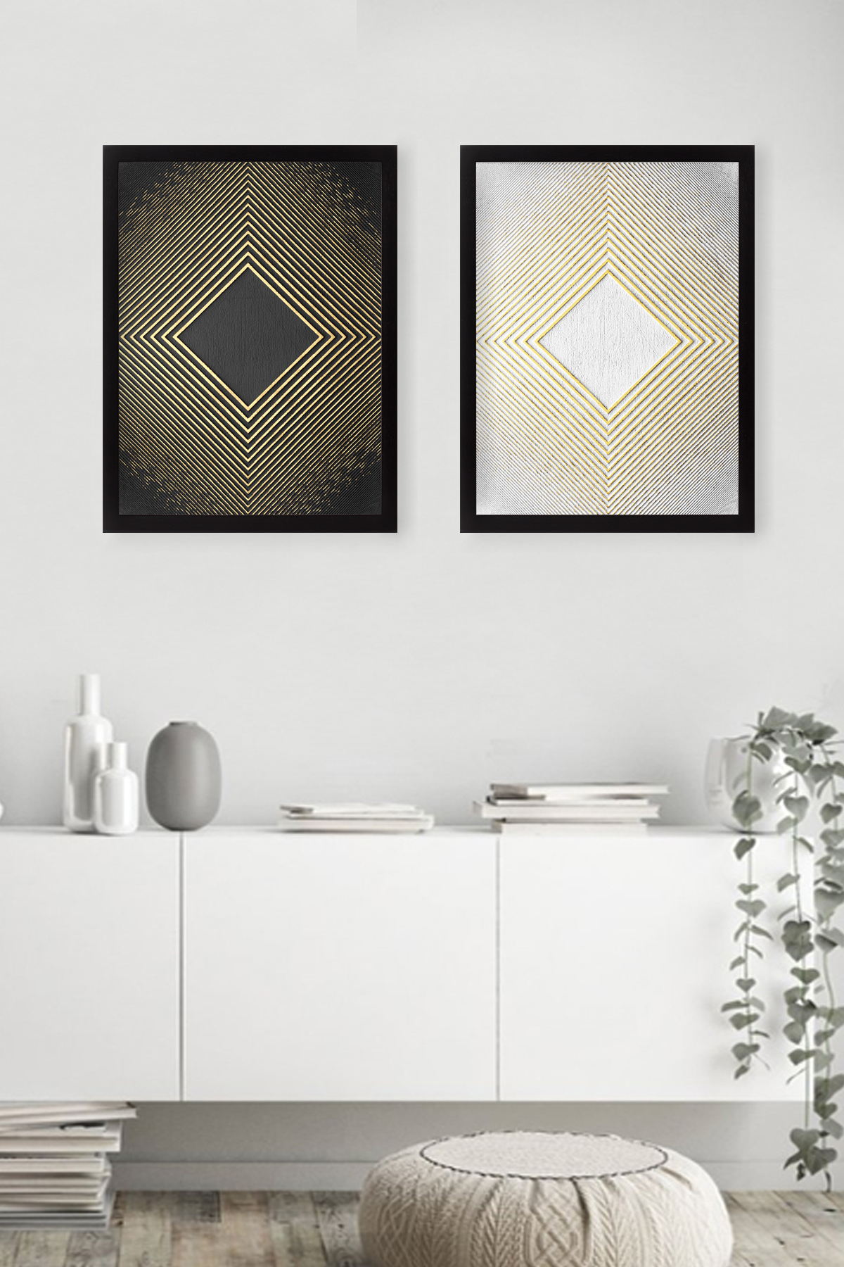 Set of 2 paintings Rhombus Golden 34x44 cm