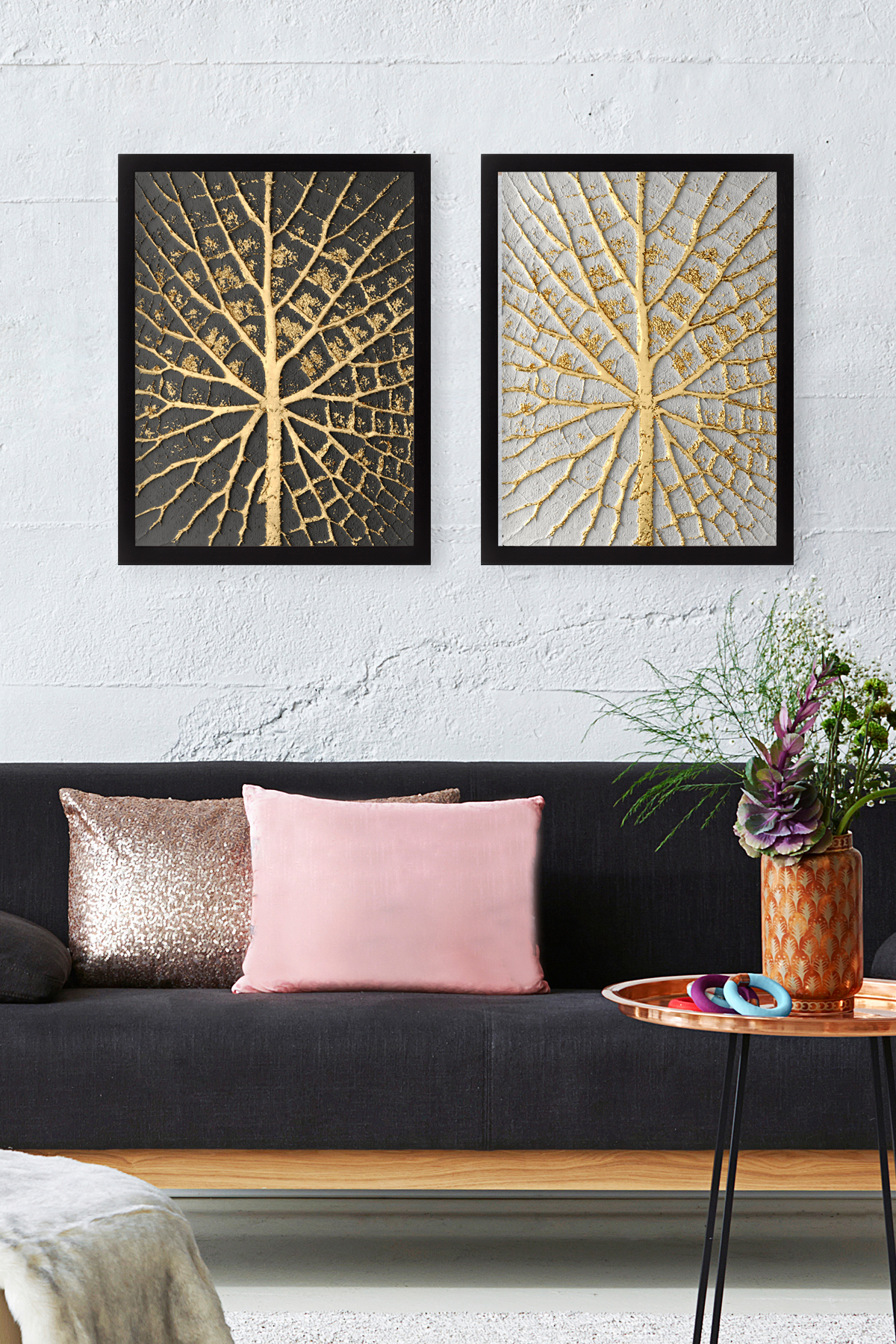 Set of 2 paintings Tree Golden 34x44 cm
