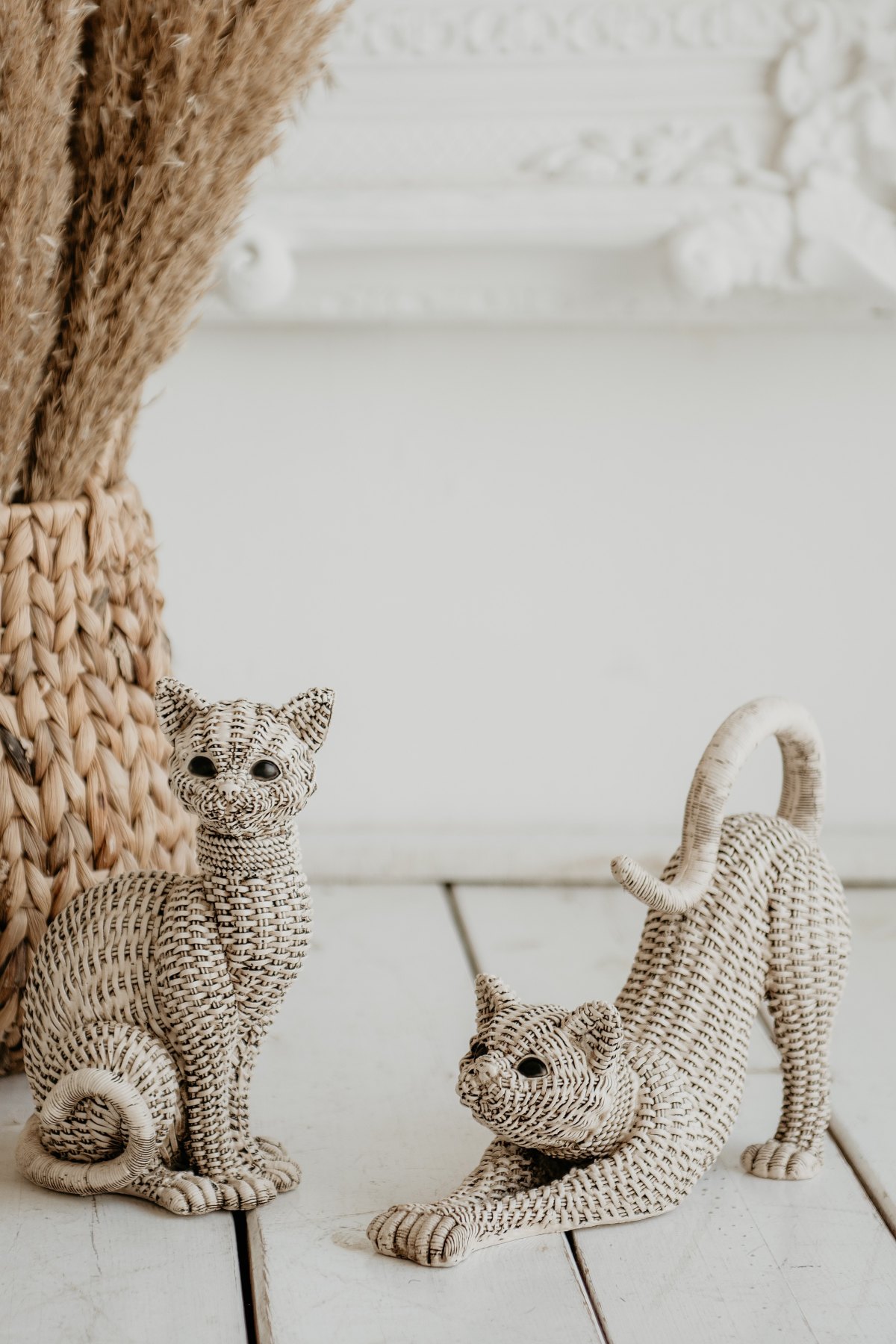 cute cats decorative figurine wicker pattern white