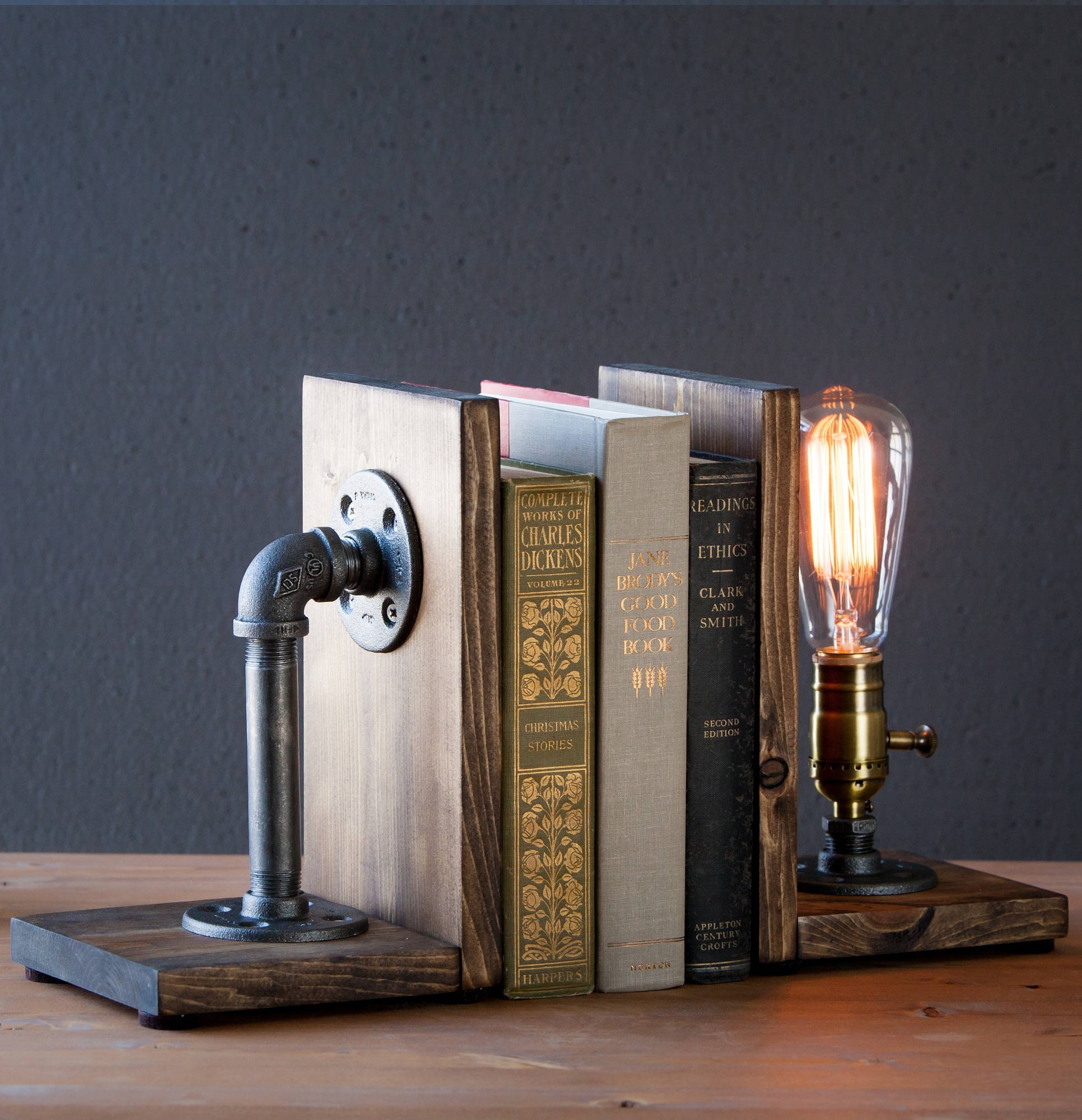 DECORATIVE RUSTIC TABLE LAMP BOOK HOLDER BROWN WOOD