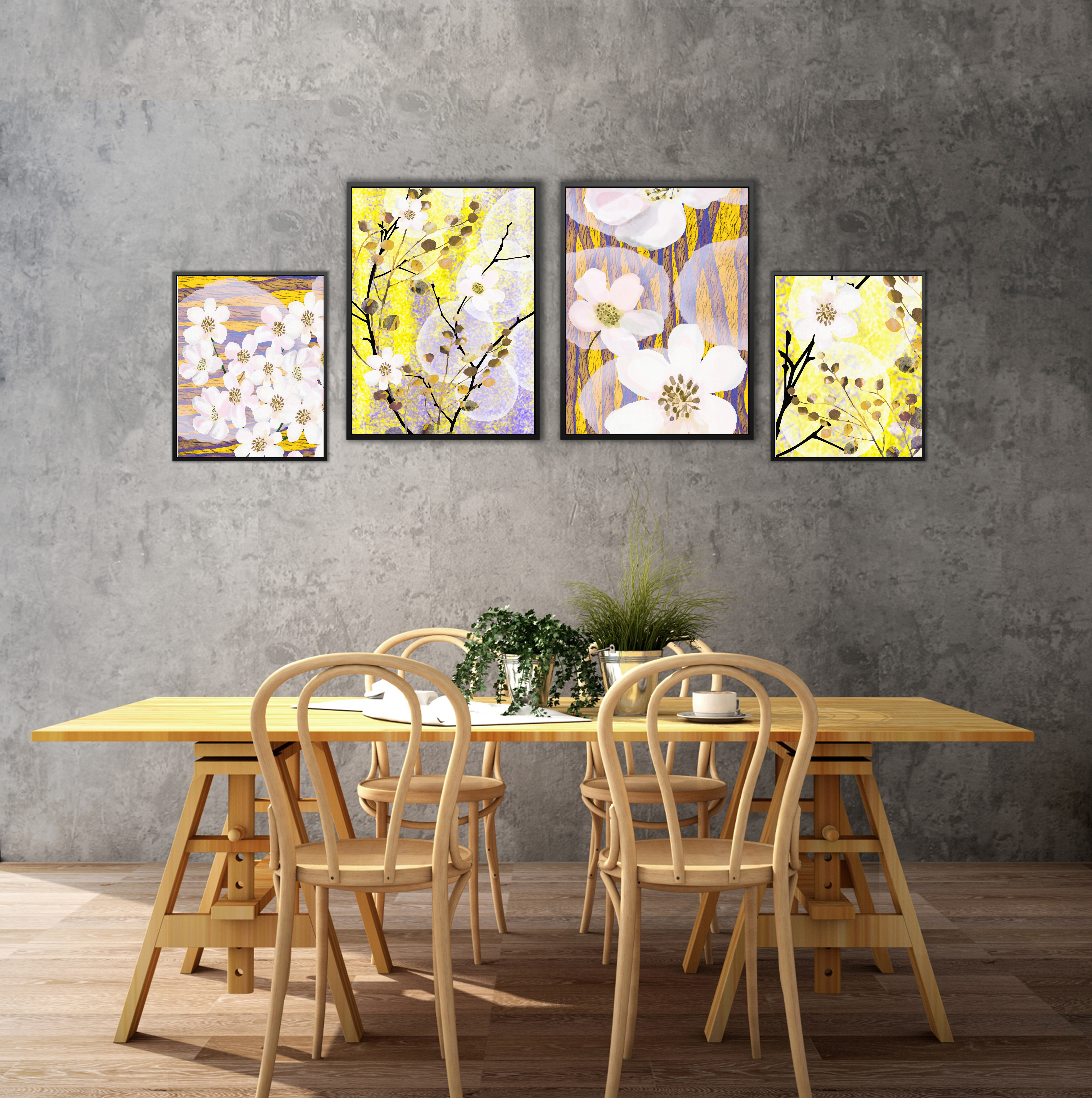 Set of 4 paintings Cherry Flowers