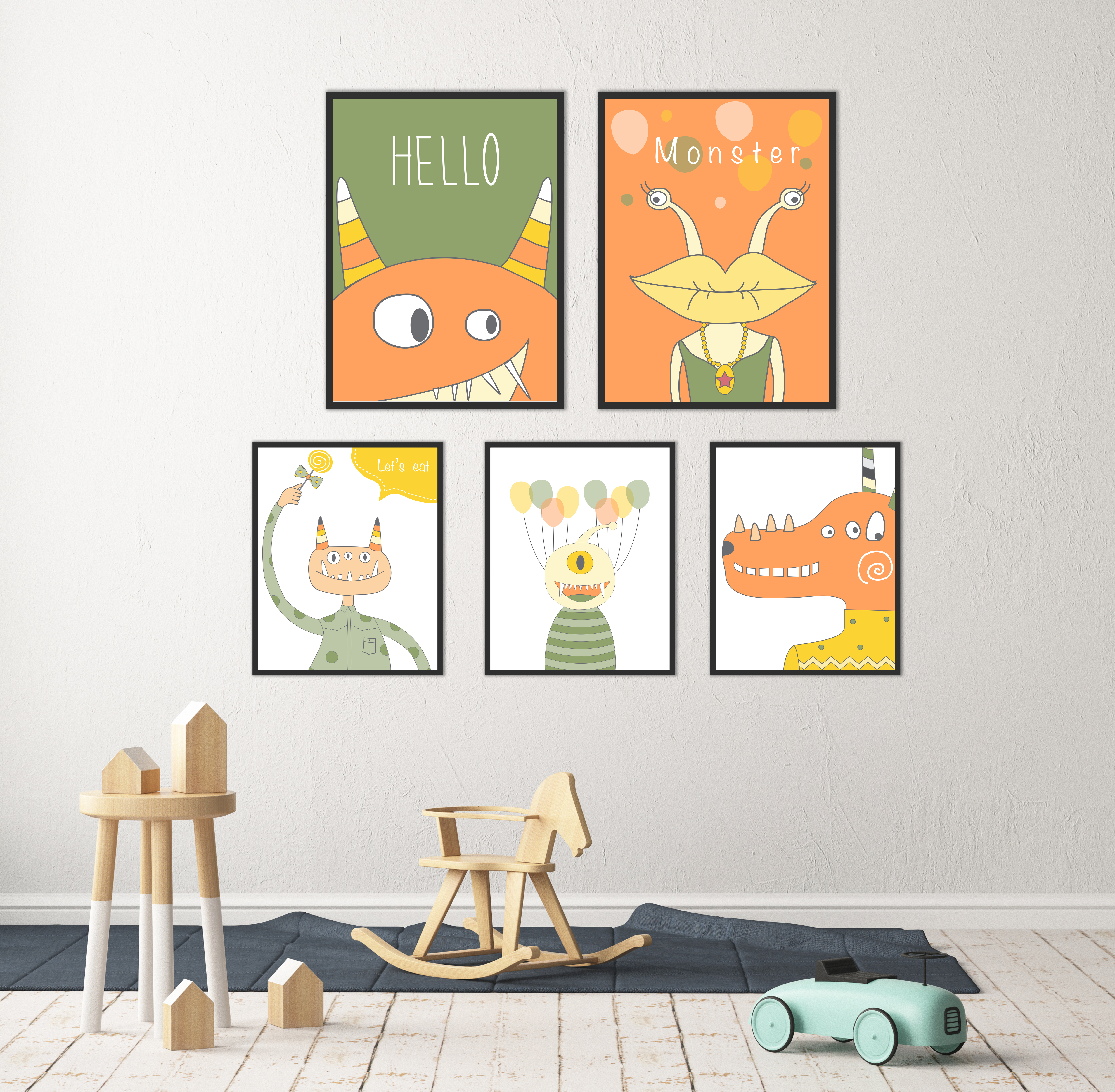Set of 5 paintings Hello Monster