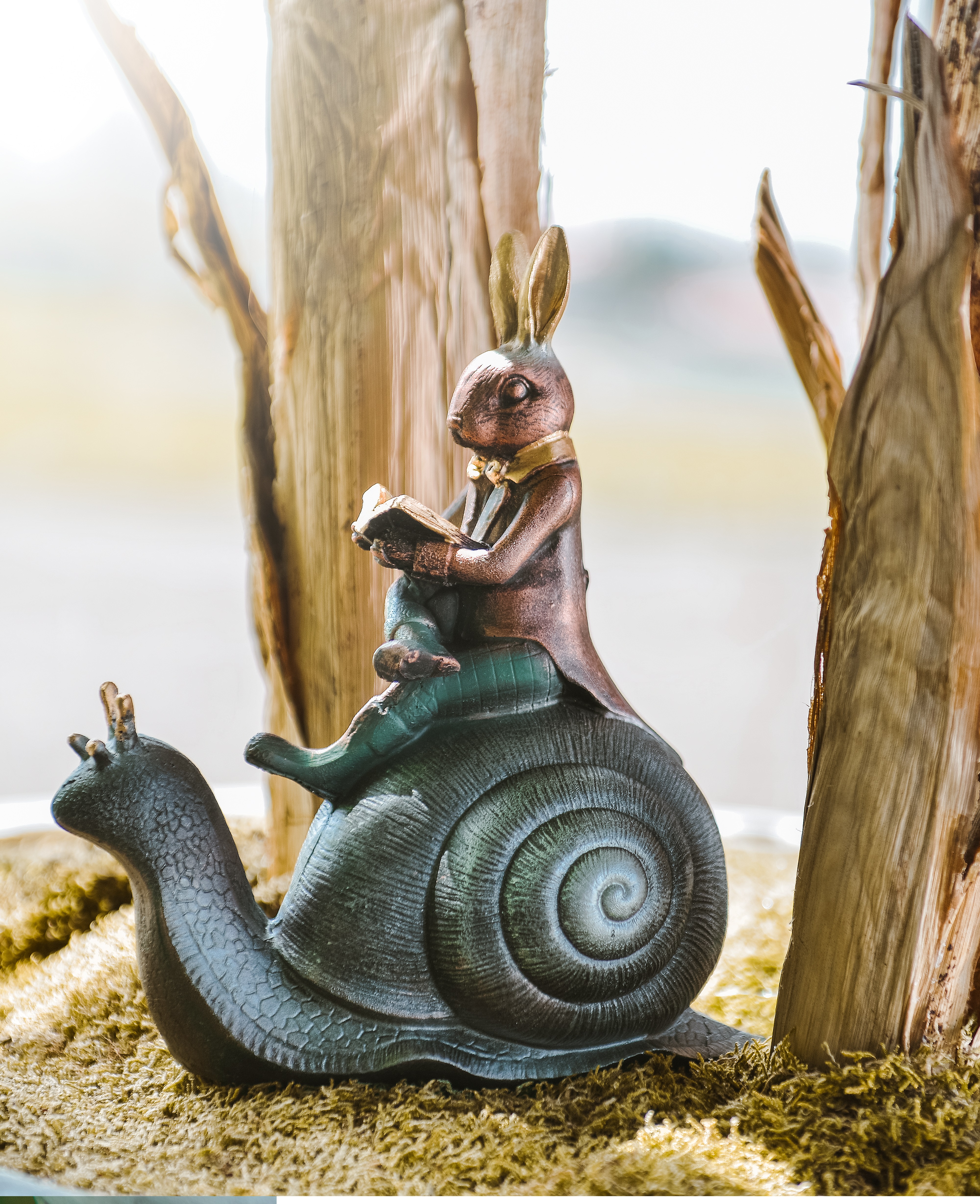 Rabbit and snail figurine reading a book
